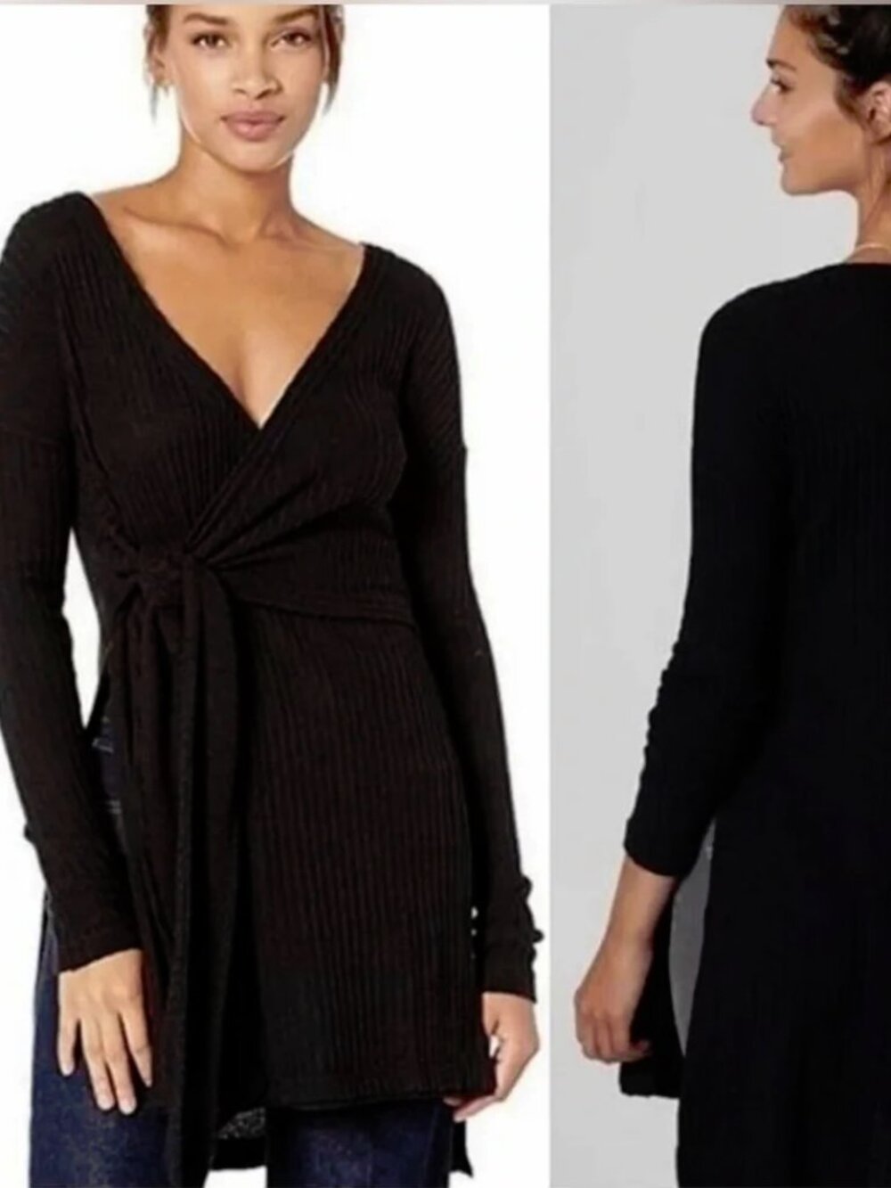 Free People Black Wrap Fall For You Ribbed Side Vent Sweater M